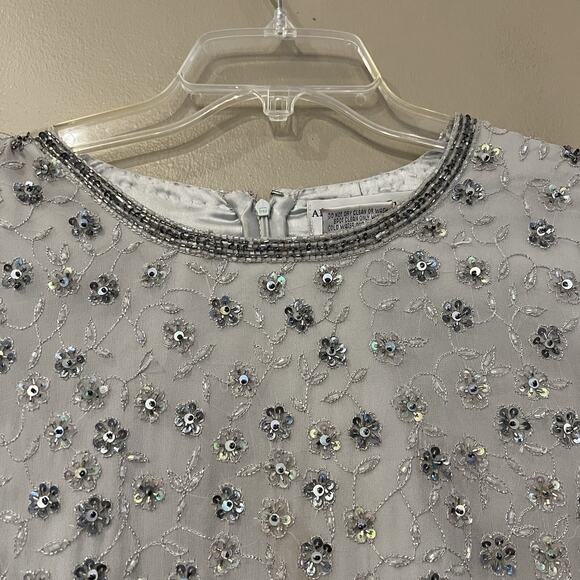 Adriana Papell Blouse 16W Gray Silver Silk Sequins Beaded Formal Evening Gatsby - Picture 4 of 7